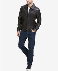 Black Full-Zip Leather Bomber Jacket For Men's