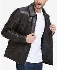 Black Full-Zip Leather Bomber Jacket For Men's