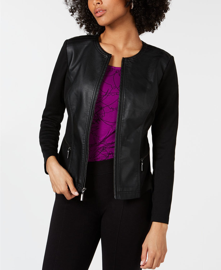 Mixed Media Faux Leather Jacket Women - Black Leather