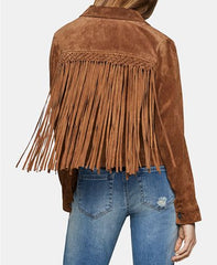 Faux Suede Fringe-Trim Jacket For Women - Brown Color Leather Jacket