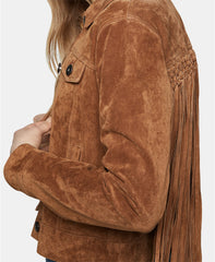 Faux Suede Fringe-Trim Jacket For Women - Brown Color Leather Jacket