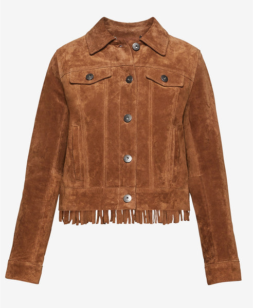 Faux Suede Fringe-Trim Jacket For Women - Brown Color Leather Jacket