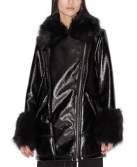 Women Faux Leather Faux Fur Trim Cabin Coat