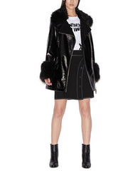 Women Faux Leather Faux Fur Trim Cabin Coat