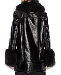 Women Faux Leather Faux Fur Trim Cabin Coat