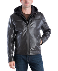 Faux Leather Hooded Bomber Jacket For Men's