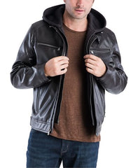 Faux Leather Hooded Bomber Jacket For Men's