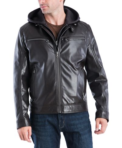 Faux Leather Hooded Bomber Jacket For Men's