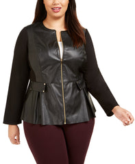 Women Black Faux Leather Zip Jacket - Plus Size