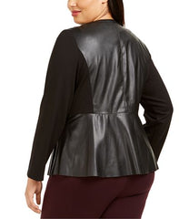 Women Black Faux Leather Zip Jacket - Plus Size