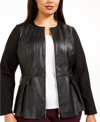 Women Black Faux Leather Zip Jacket - Plus Size