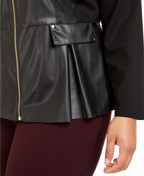 Women Black Faux Leather Zip Jacket - Plus Size