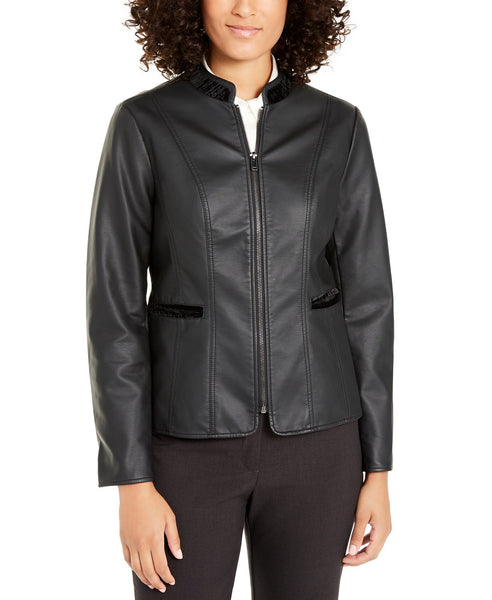 Women Full Zip Black Leather Jacket - Velvet Trim Jacket