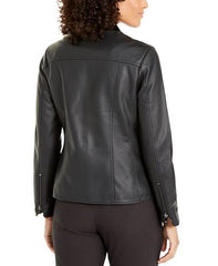 Women Full Zip Black Leather Jacket - Velvet Trim Jacket