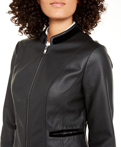 Women Full Zip Black Leather Jacket - Velvet Trim Jacket