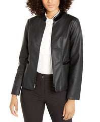 Women Full Zip Black Leather Jacket - Velvet Trim Jacket