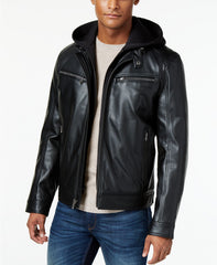 Faux Leather Hooded Bomber Jacket For Men's