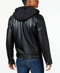 Faux Leather Hooded Bomber Jacket For Men's