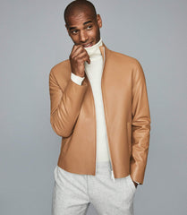 LEATHER FUNNEL NECK JACKET