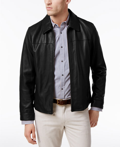 Black Full-Zip Leather Bomber Jacket For Men's