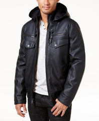 Men's Black Faux Leather Hooded Bomber Jacket - Best Sale