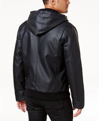 Men's Black Faux Leather Hooded Bomber Jacket - Best Sale